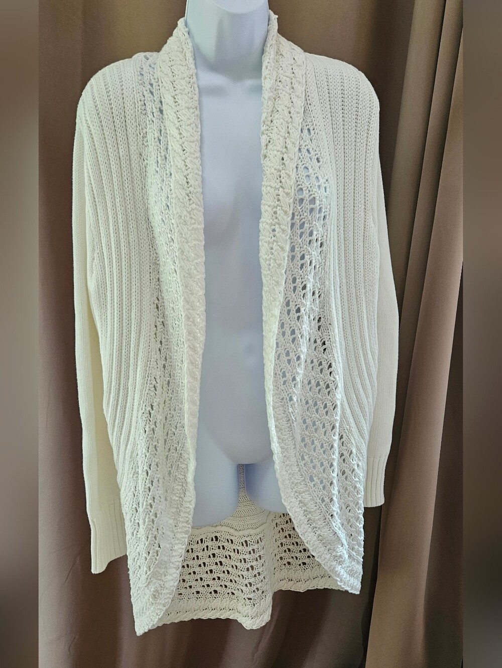 NWT Eddie Bauer Ivory Peekaboo Crochet Cardigan Open Front Cocoon Sweater